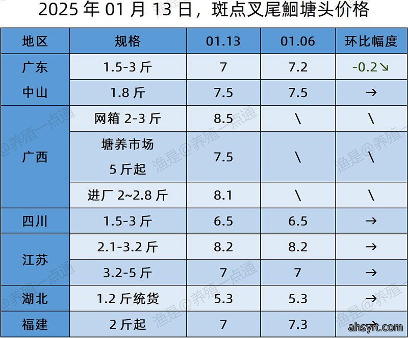 【渔是特约】2025.01.13，草鱼、黄颡鱼、罗非鱼、斑点叉尾鮰塘头价格